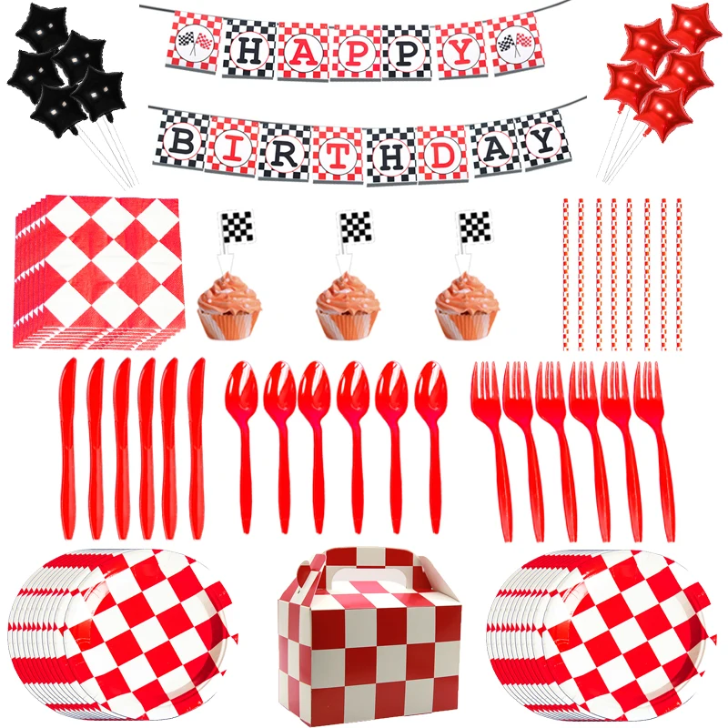

Racing Car Kids Birthday Party Decorations Supplies Red White Lattice Disposable Tableware Set Paper Cups Plates Baby Shower