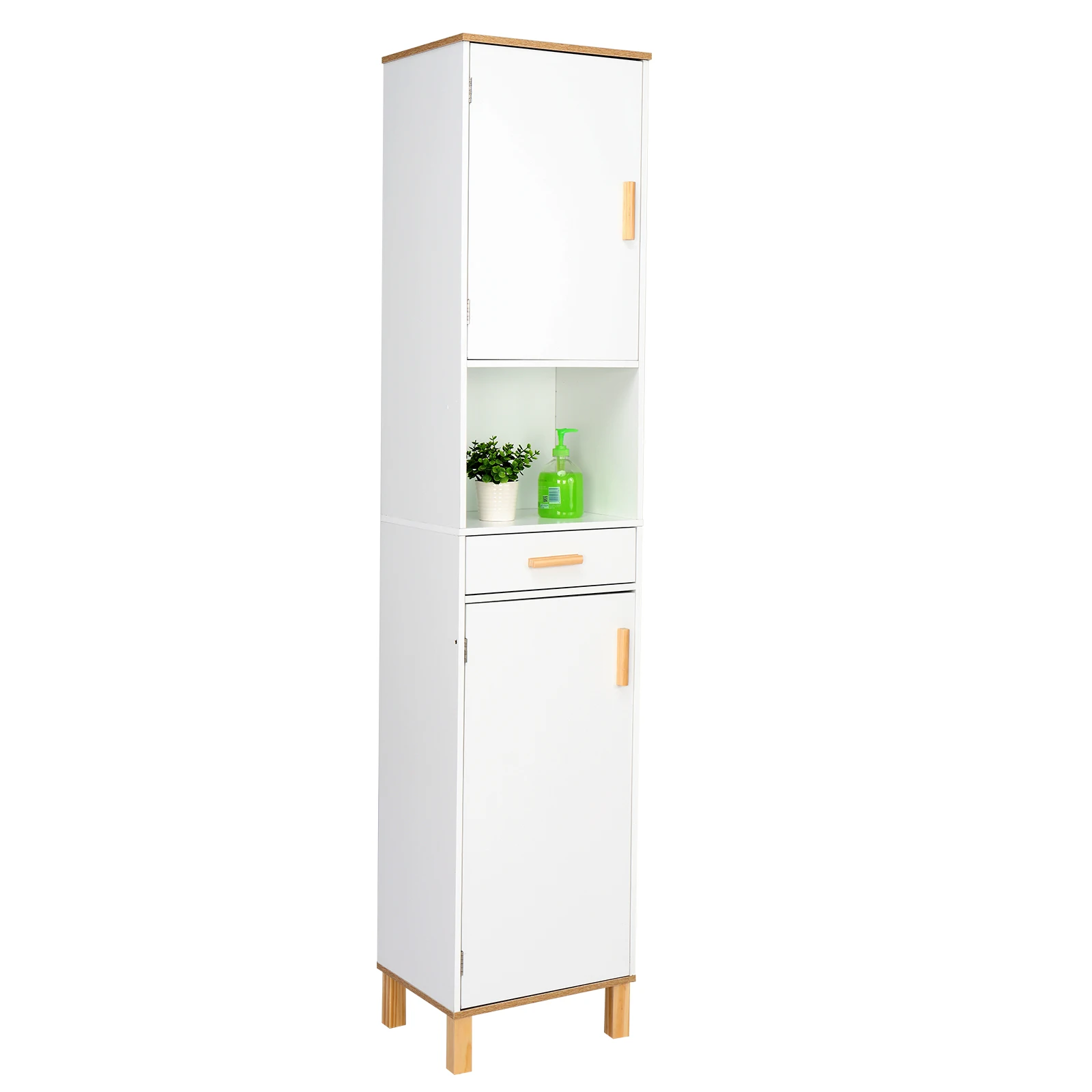 

FCH Solid Wood Foot Single Drawer Double Door Bathroom High Cabinet 39x30x179CM White&Wood Grain Color[US-Stock]