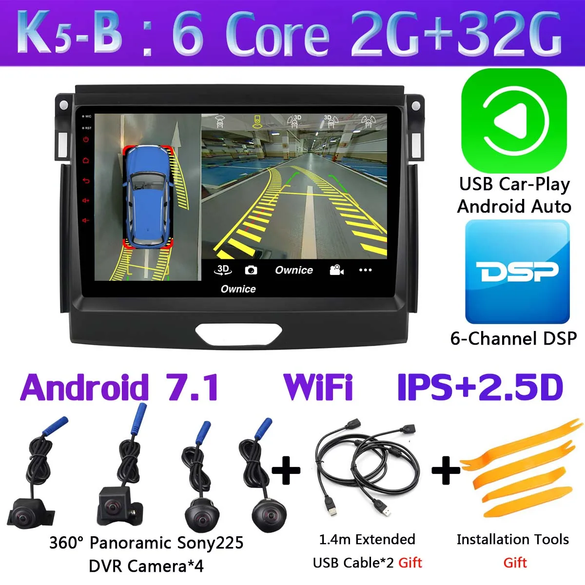 K5-B-CarPlay Панорамная камера 360 ° 4G LTE WiFi 8 ядерный Android 9,0 4G+ 64G SPDIF DSP CarPlay Автомобильный плеер для Ford Ranger- gps радио - Цвет: K5-B-CarPlay