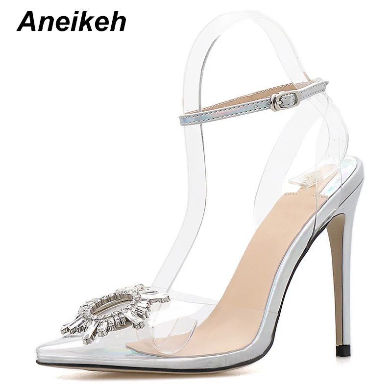 Aneikeh Серебристые прозрачные босоножки с ремешком на пятке остроконечные