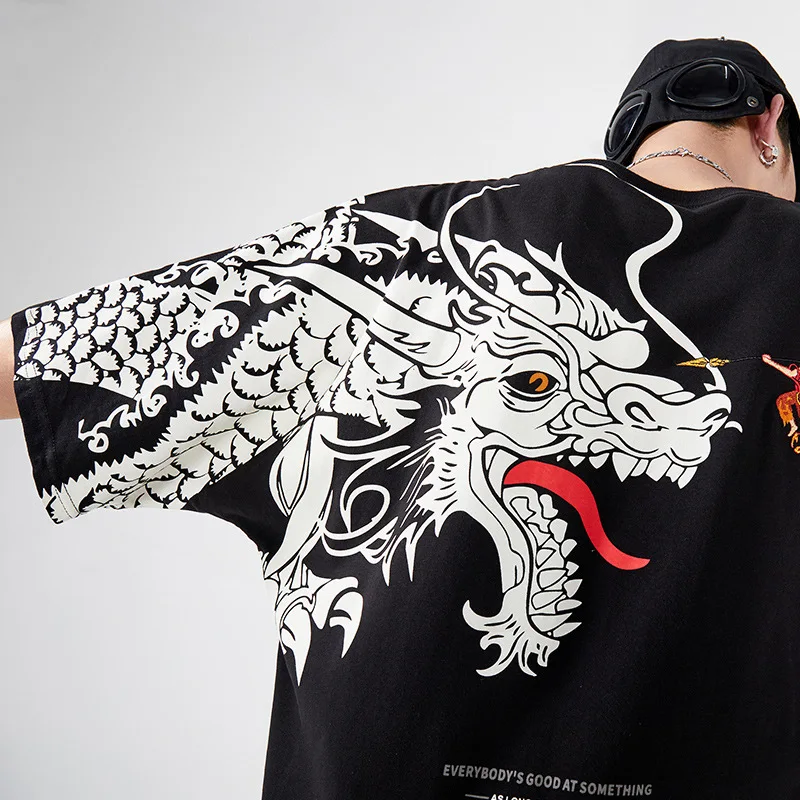 2020 Summer men's t-shirt loose large size personalized cotton tide short-sleeved T-shirt male Chinese style Nezha embroidery | Мужская