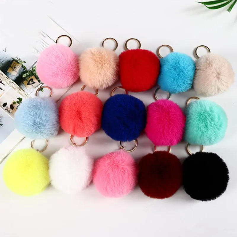 8cm Simple Pompom Fur ball Keychain Artificial Rabbit Fur Animal Key Chain For Woman Car Bag Accessories Key Ring 15 colors