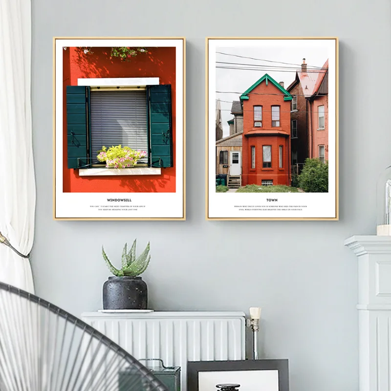 Brick Red House Parrot Car Bicycle Window Nordic Landscape Poster And Print Canvas Painting Wall Pictures For Living Room Decor | Дом и сад