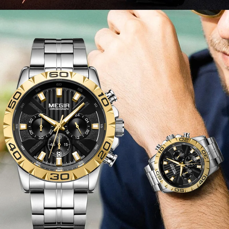 

Megir брендовые Роскошные мужские часы, модные, атмосферные, многофункциональные, деловые, настольные, со стальным ремешком, кварцевые часы, ...