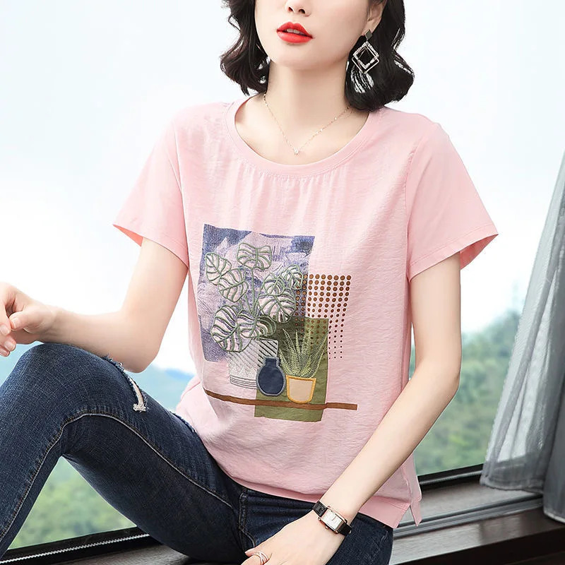 

100% Cotton T Shirt Woman 2021 Summer New Short Sleeve Shirt O Neck Loose Woman T-shirt Korean Style Women Shirts