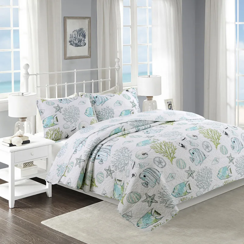 

Marine Life Wash Cotton Bedspreads Quilt Sets 3pcs Quilts For Bed Quilted Coverlet Bed Cover Shams Queen Soft Summer Blanket