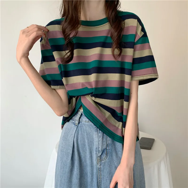 

New Summer T Shirt Women O Neck Loose Thin Short Sleeve Tee T-Shirt Femme Patchwork Striped Casual Korean Fashion Tops Female