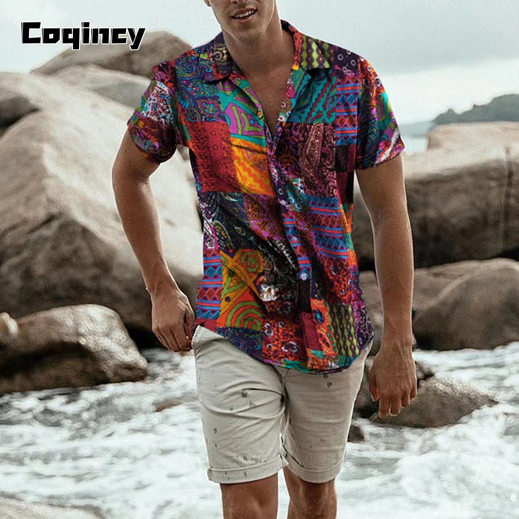 

Размера плюс Гавайская мужская повседневная хлопковая блузка в этническом стиле с короткими рукавами и принтом, мужская летняя футболка в ...