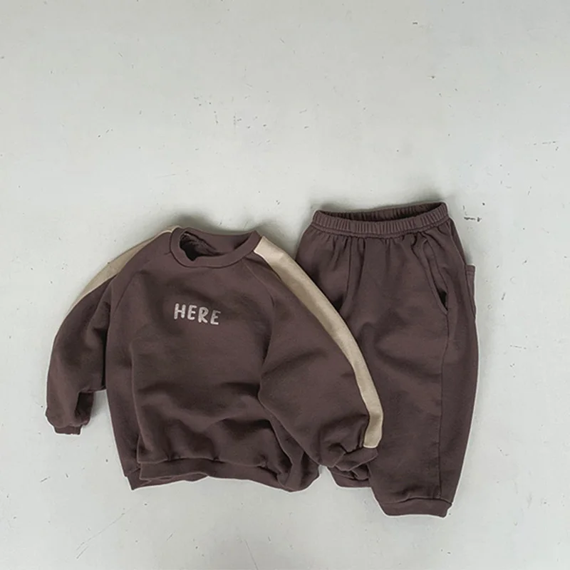 

2021 New Korean Style Autumn Boys Girls 2-pcs Sets Apricot Coffee Long Sleeves Letter Sweatershit+Pants Kids Casual Outfits E60
