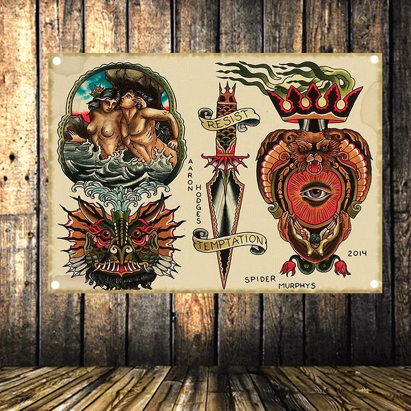 ВИНТАЖНЫЙ ПЛАКАТ с татуировкой баннер флагом гобелен четырьмя отверстиями холст