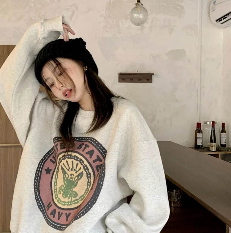 Свитшоты женские зимние в американском ретро стиле новинка 2021 утепленная