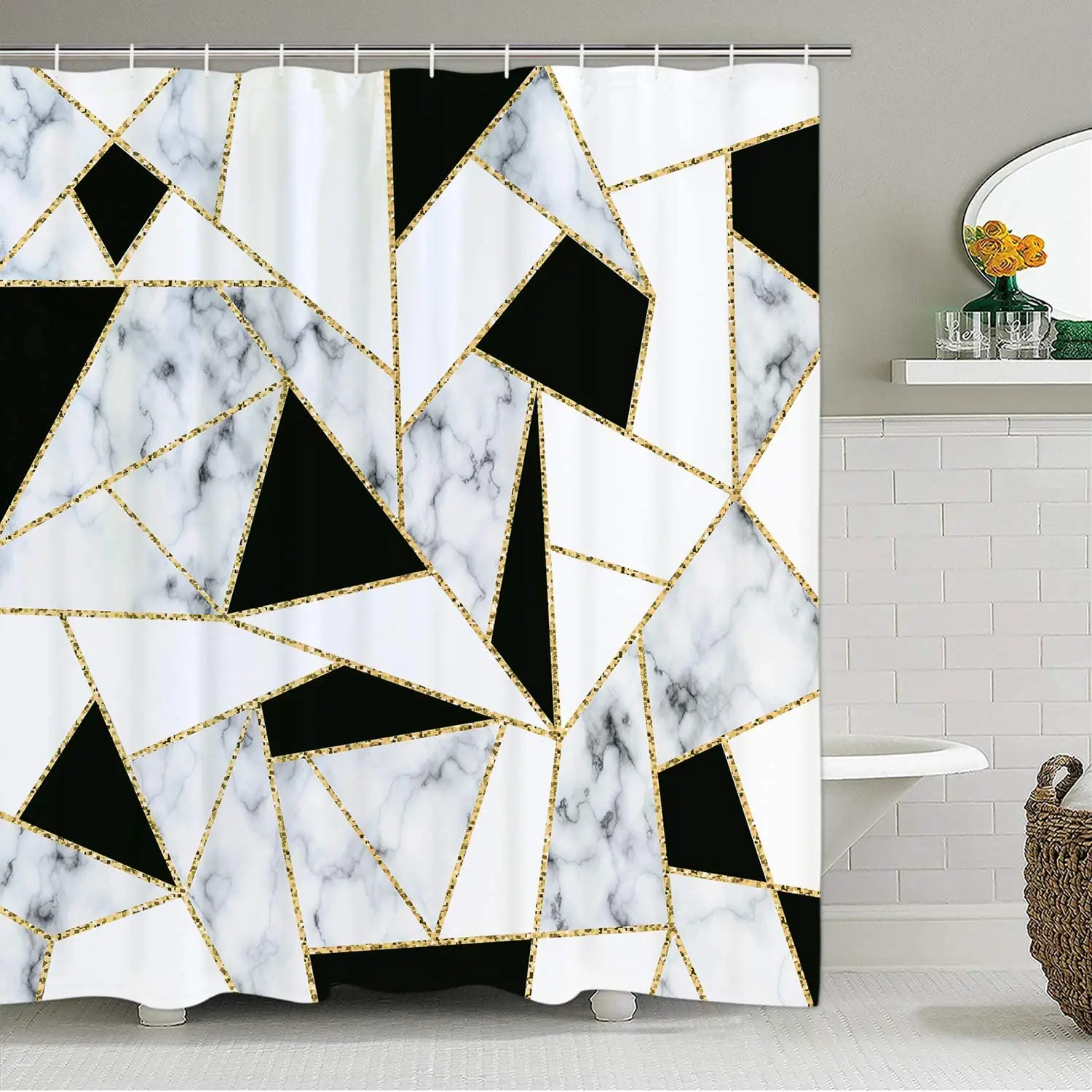 

4 Pcs Marble Shower Curtain Set with Rugs, Toilet Lid Cover Bath Mat, Black White Geometric Shower Curtain with 12 Hooks