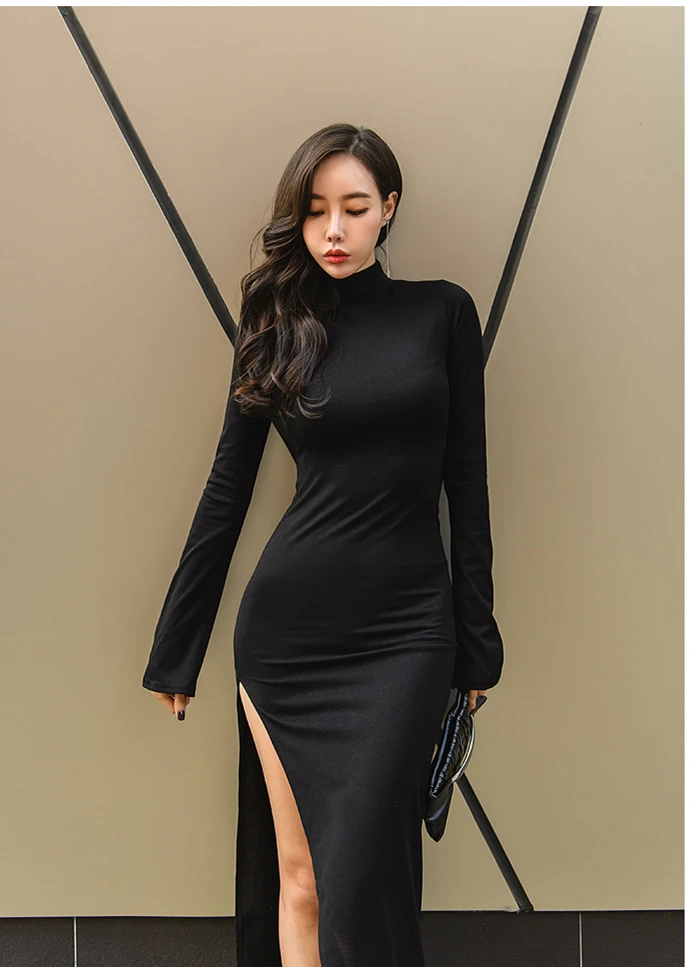 

Xiaolin Autumn New Korean Women's Stand Collar Long Sleeve High Slit Sheath Dress Normcore Style