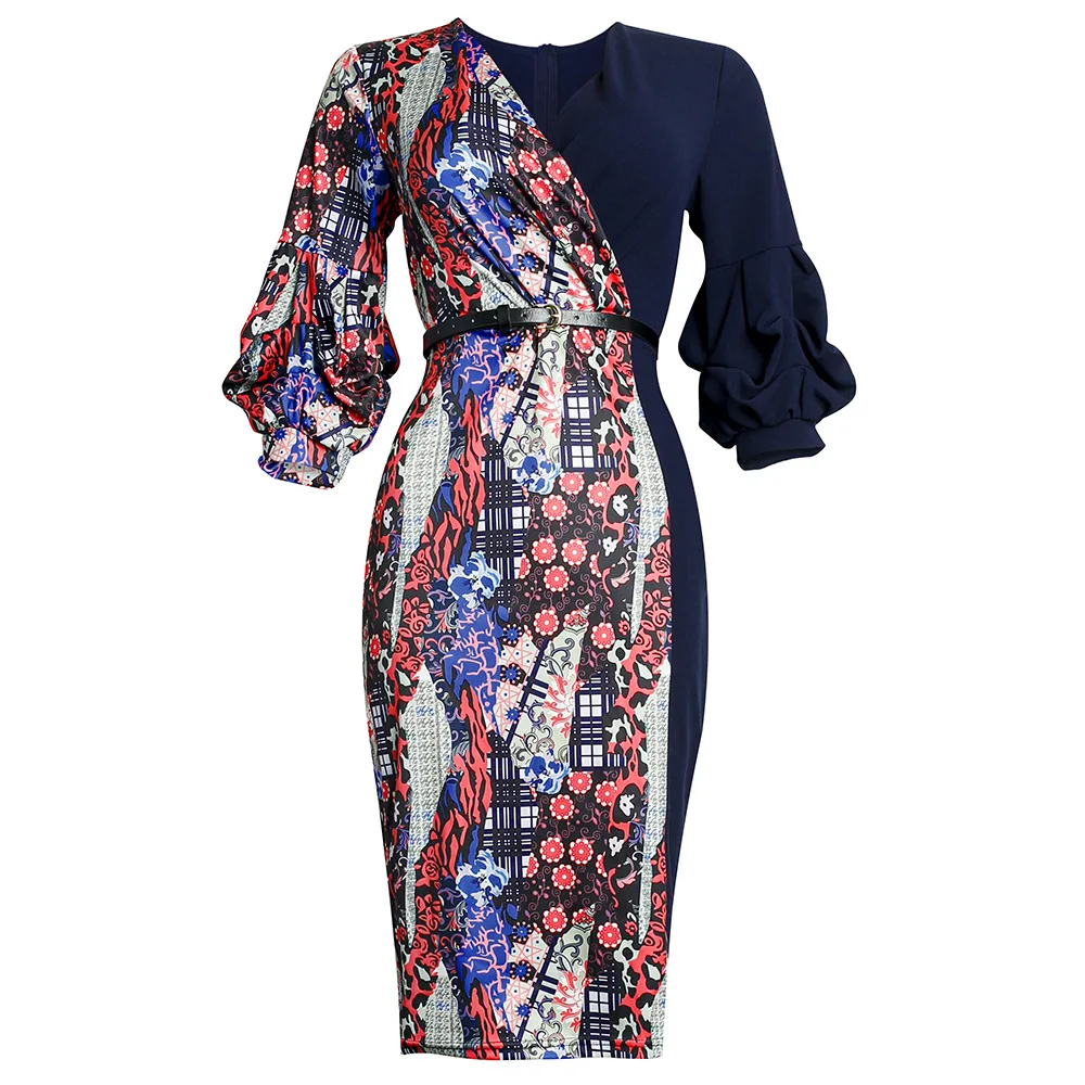 

Donsignet Fashion Women Dress 2021 Spring Summer Sexy V-neck Buttocks OL Commuter Print Splicing Dress Sashes Mid-Calf Vestidos