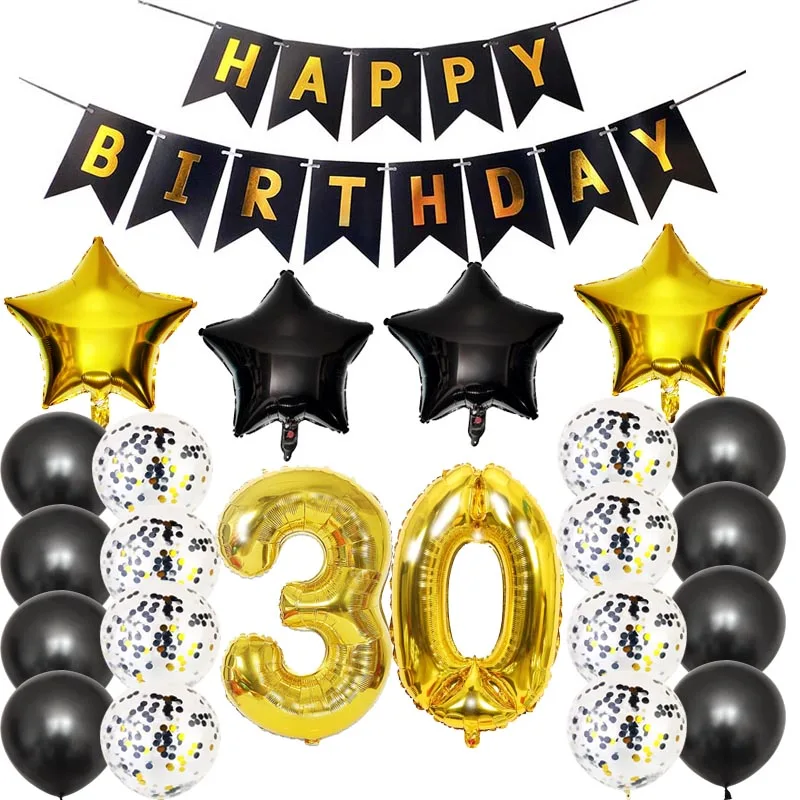

8SEASON 30th 40th 50th 60th 70th Birthday Decorations Kit Black Gold Confetti Balloon Happy Birthday Banner Theme Party Supplies
