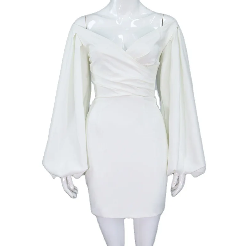 

Women's Sexy Strapless Folds V-neck Lantern Sleeves Hip Skirt Skirt Dress 2021 Autumn and Winter New