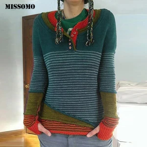 Женский свитер MISSOMO размера плюс, винтажный Повседневный полосатый лоскутный свитер с v-образным вырезом, вязаный свитер большого размера, пуловер, топы для женщин