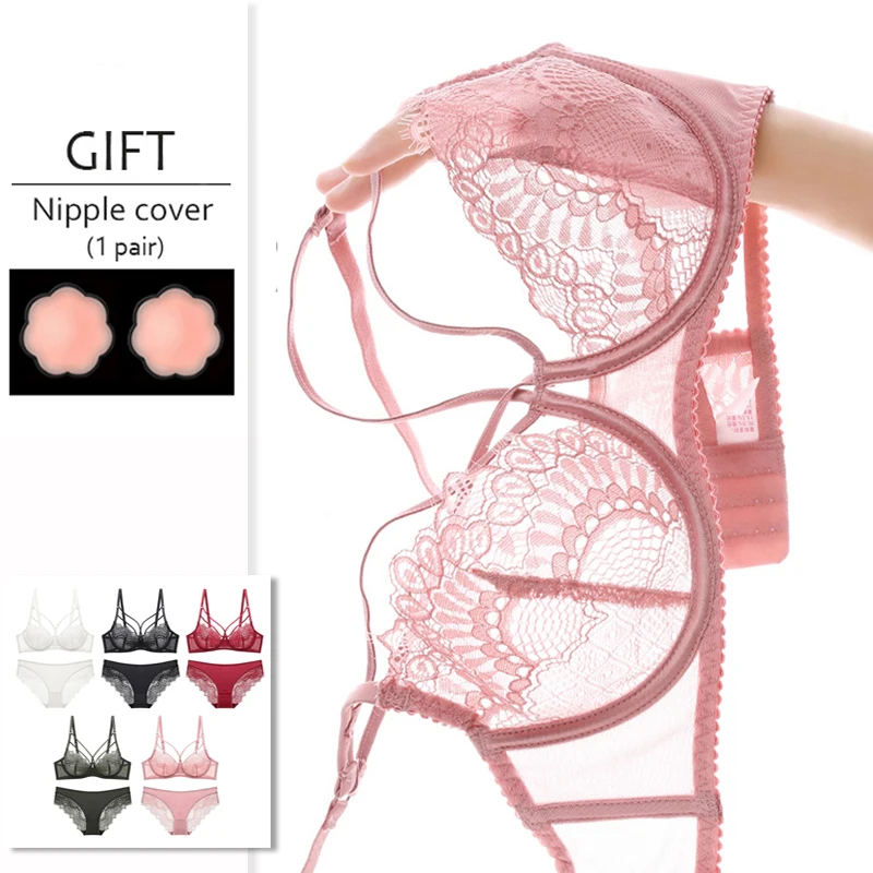 2 Piece Set Transparent Women Bra And Panties Set Lingerie Sexy Plus Size Ultra Thin Push Up Brassiere Girls Lace Underwear Sets