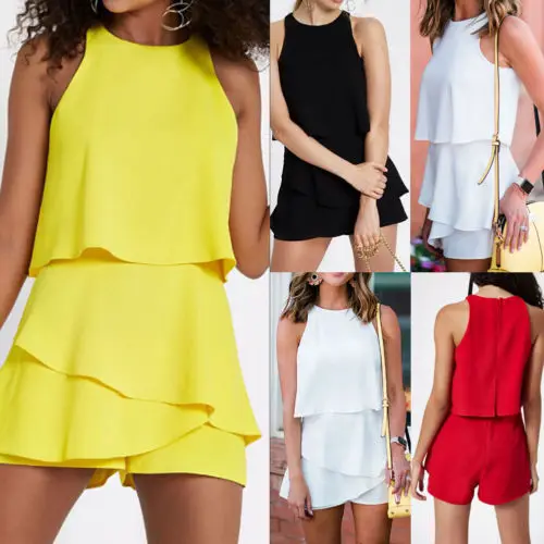 

Women OL Solid Loose Palysuits Summer Chiffon Falbala Sleeveless Ladies High Street Overalls Jumpsuits