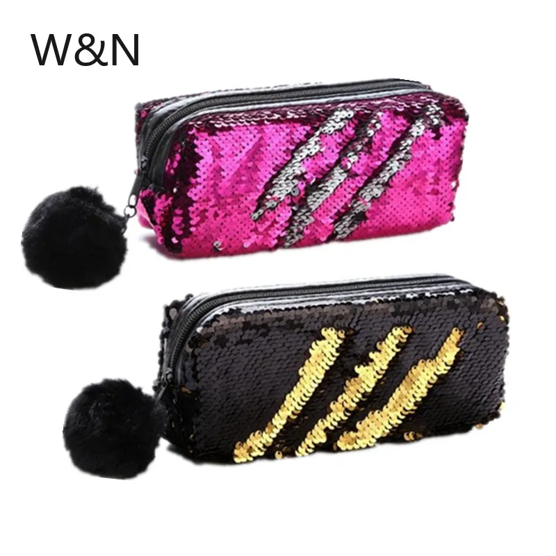 Школьный футляр для карандашей двусторонний чехол с блестками девочек милый