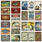 Каюты на озере металлические знаки Рыбалка плакат 