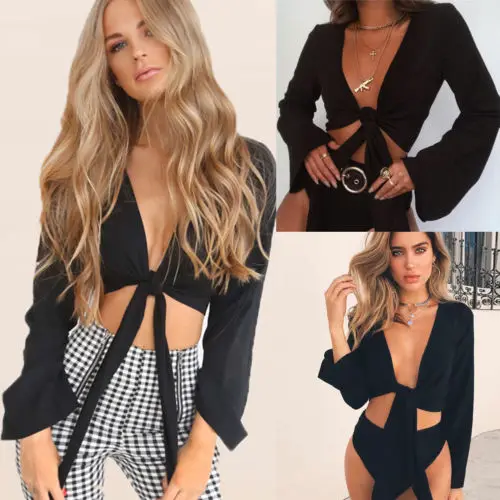 Женский Повседневный пляжный укороченный Топ с длинным рукавом и глубоким