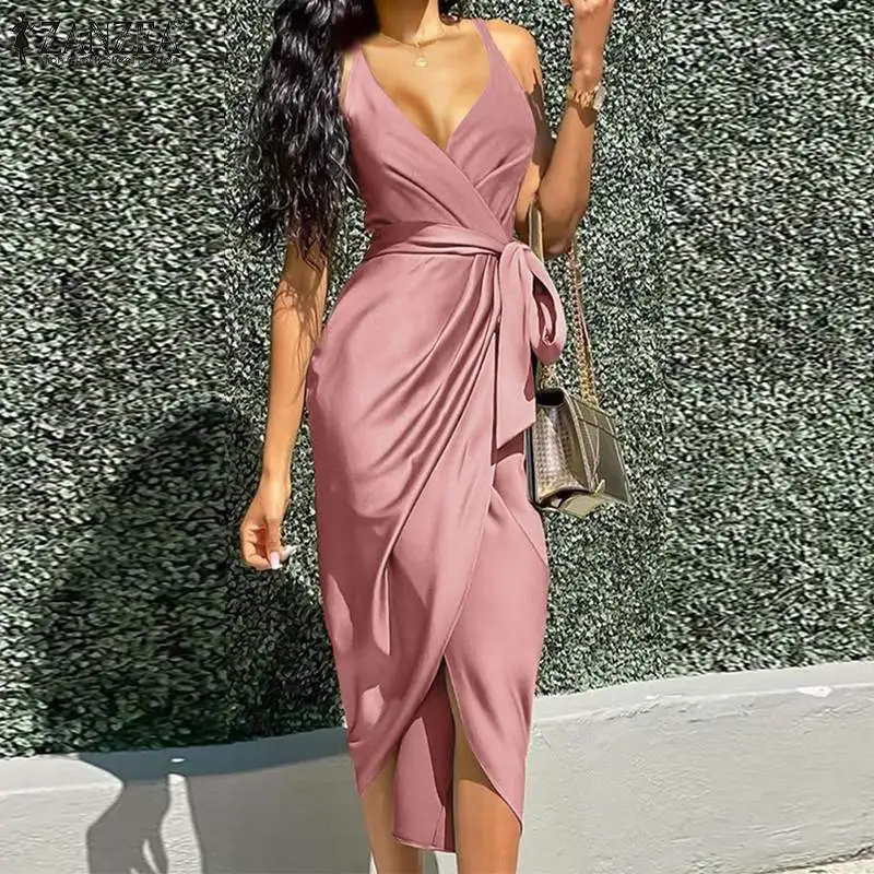 ZANZEA Women Sexy Straps Deep V Neck Dress 2022 Elegant Summer Solid Satin Midi Sundress Casual Lace Up Party Vestido Sarafans 7