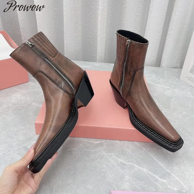 

Женские ковбойские ботинки с острым носком Prowow, черные дизайнерские ботинки из натуральной кожи, модельные сапоги для процветания,