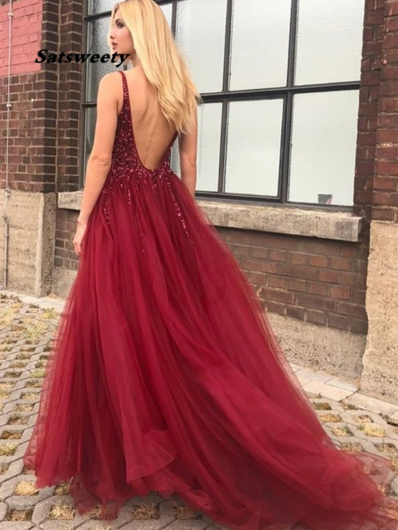 

Long Evening Dress Burgundy Prom Dresses V-Neck Beaded A-Line Tulle Backless Sexy Party Dress Robe De Soiree Ball Gown Vestido