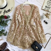 spring autumn v neck hollow out lace playsuits women bodycon hook flower jumpsuits female long sleeve mesh rompers bodysuit 1892