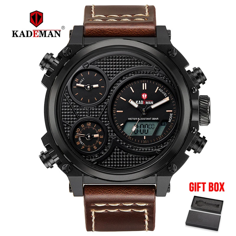 brown KADEMAN мужские часы милитари, спортивные кварцевые часы светодиодный цифровой двойной дисплей водонепроницаемые кожаные Наручные часы Relogio Masculino - Цвет: brown