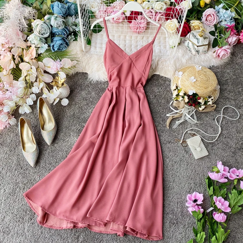 

New Summer Sexy Spaghetti Strap Dress Women Slim V-neck Beach Dress Vestidos Mujer Ladies High Waist Backless Boho Long Robe