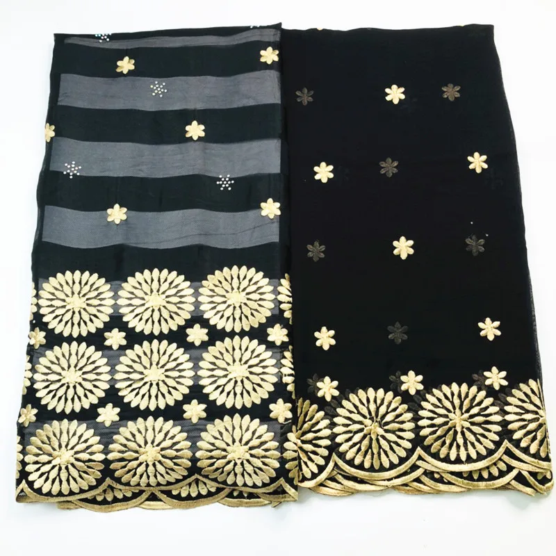 

Black And Gold African Nigerian Lace Fabric 2021 High Quality Lace Embroidery Ribbon Silk Fabric With Chiffon Blouse 5+2 Yards