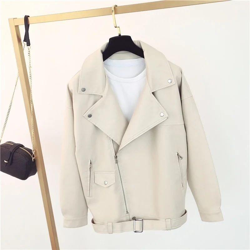 2020 new women's Motorcycle Leather large Autumn casual Pu wash leather Lapel loose jacket enlarge