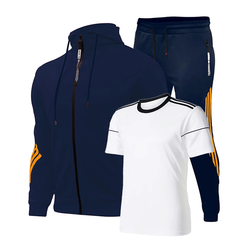 

2021 Fashion Spring Summer New Brand Men's Striped T-Shirt + Sports Jacket+Trousers 3-Piece Set Hooded Jacket Outdoor Track Suit