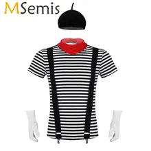 MSemis Mens Adults French Artist MIME Costume Circus Carnival Halloween Cosplay Fancy Dress Outfit Short Sleeve Striped T-shirt