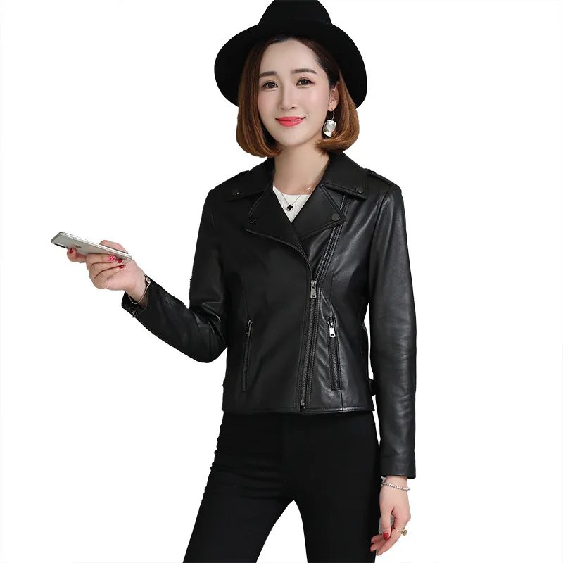Short Black Slim Women Sheepskin Genuine Leather Coat Classic High Quality Lapel Oblique Zipper Motorcycle Streetwear Jacket