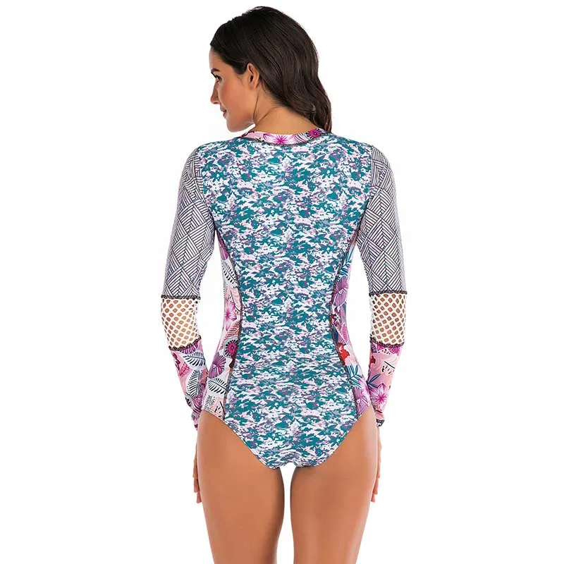 New See Through Long Sleeve Rash guards Women Mesh Swimwear One Piece Swimsuit Sports Surf Beach wear Bikini Bathing Suits