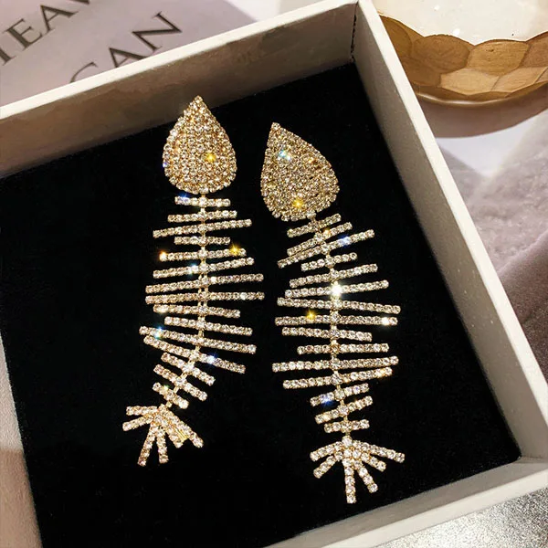 

S948 Fashion Jewelry S925 Silver Post Fish Bone Earrings Rhinstone Exaggerated Dangle Stud Earrings