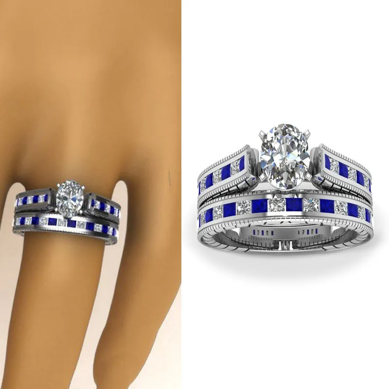 

Mifeiya 2 Pcs/Set Luxury Silver Color White Blue Crystal Rhinestone Zircon Female Metal Ring Set for Women Party Wedding Jewelry
