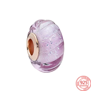 New 925 Sterling Silver Women DIY Jewelry Glittering Grooved Murano Glass Beads Charm Pendant Fit Original Pandora Bangles Gift