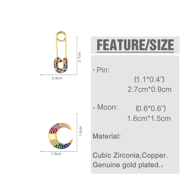 

F.I.N.S CZ Crescent Moon Studs Safety Pin Studs Earrings Rainbow Fashion Earring Jewelry Women Snake Tree Animal Stud Earrings