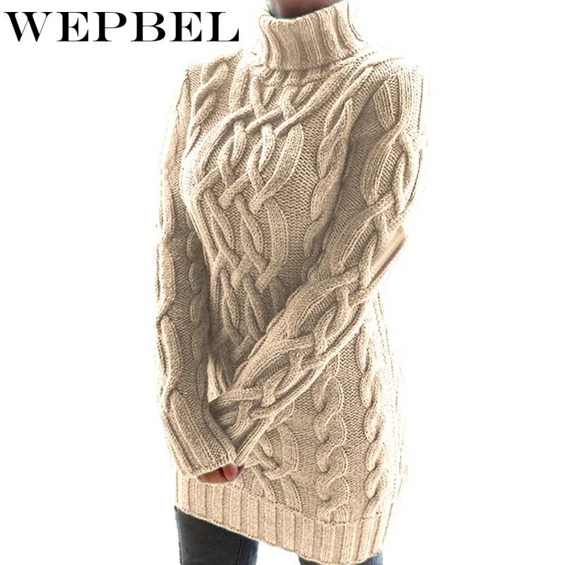 

WEPBEL Women's Fashion Long Sweater Dress High Collar Knitted Sweater Winter Warm Thicken Pullovers Ladies Casual Slim Sweaters
