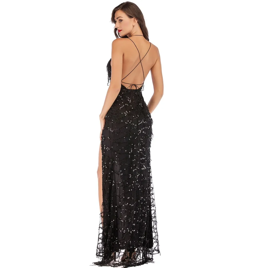 

Sexy Woman Party Dress Summer V Neck Maxi Halter Backless Split Cocktail Prom Gown Dress Women Party Evening Long Dresses