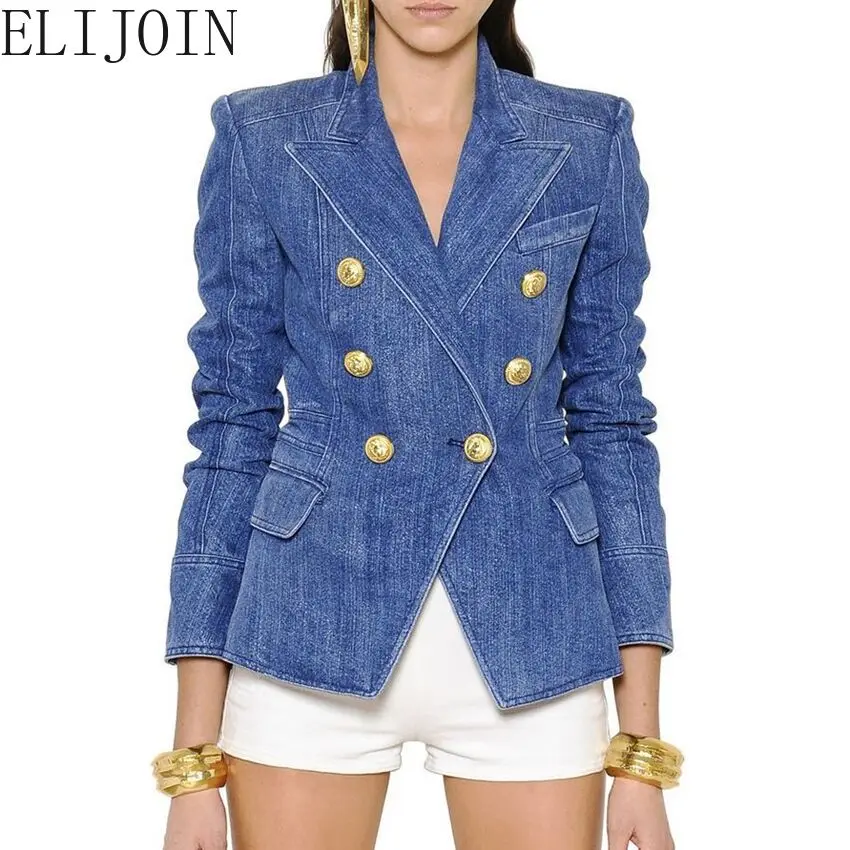 

ELIJOIN2021 autumn and winter new European and American fashion double-breasted washing denim suit slim jacket