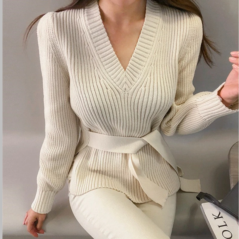 Flectit женские v-образным вырезом свитер с поясом буфами на рукавах пуловер