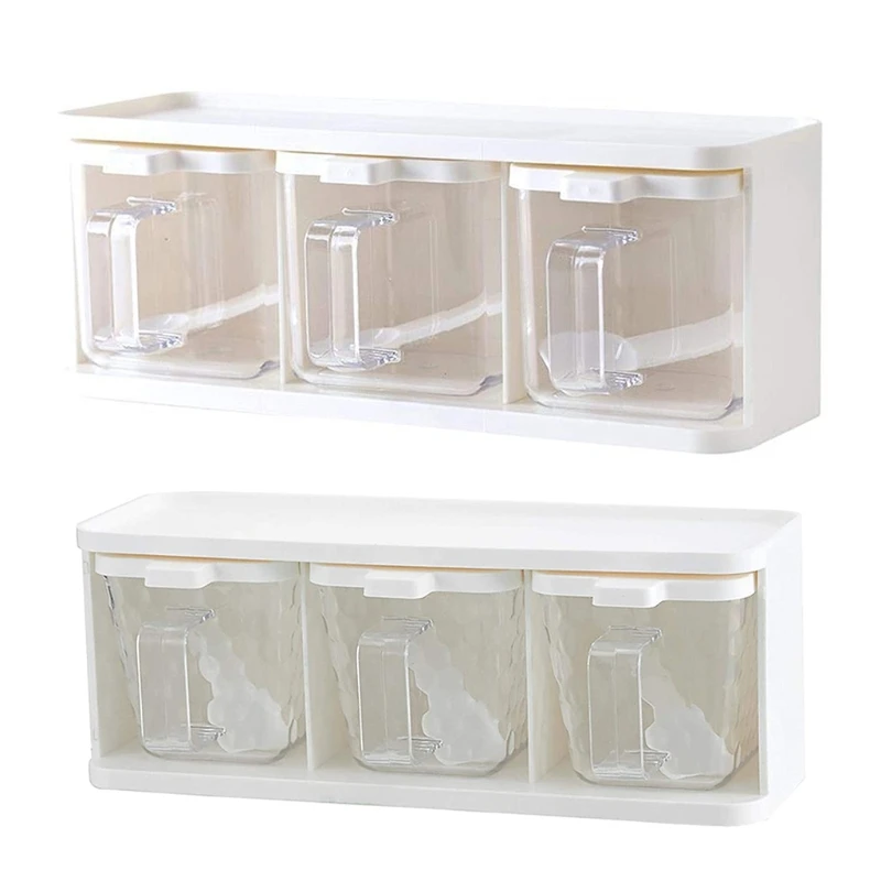 

94PF 3 Grids Seasoning Box Condiment Jar Spoon Spices Storage Desktop Transparent Container Kitchen Household Organizer Tools