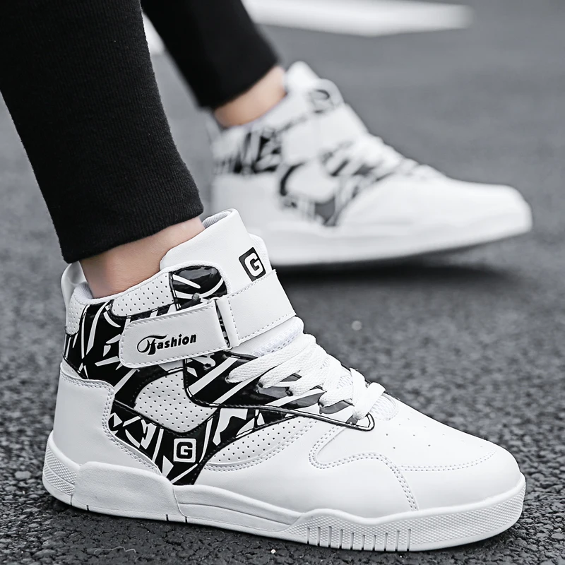 

2019 Mens Walking Shoes High Top Height Increasing Running Sport Sneakers Strap Athletics Male Boot White Black Brand Shoe