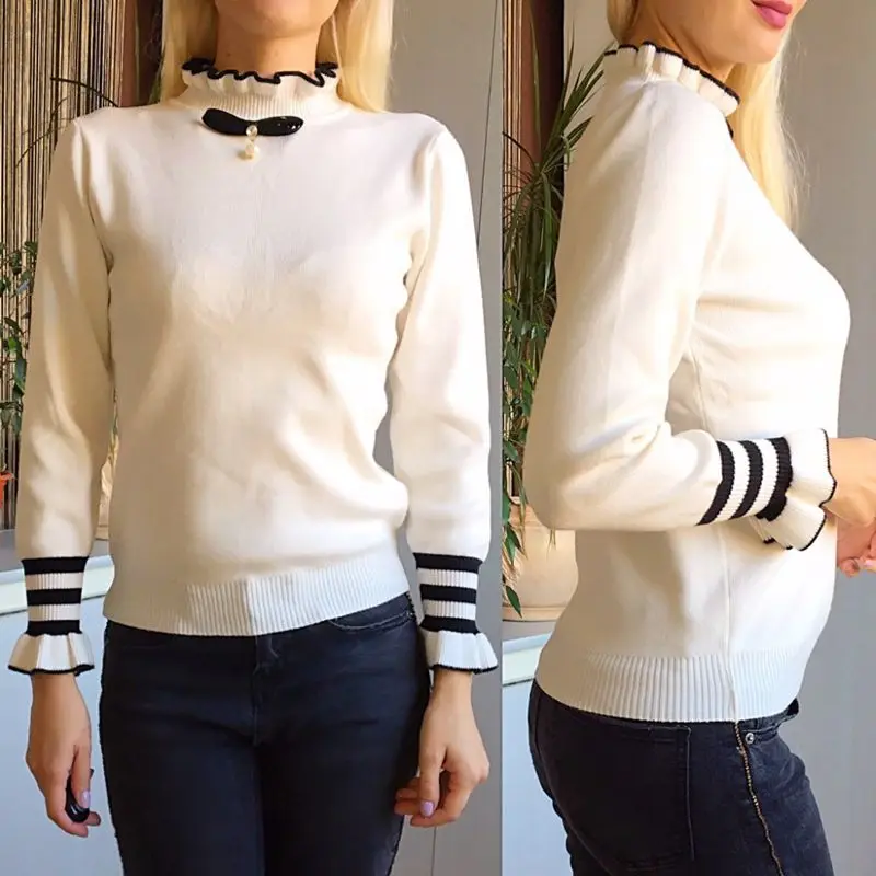 GIGOGOU Ruffled Collar Sweater Women Autumn Winter Thick Female Jumper Top Bowtie Bead Preppy Campus School Girl Pullove | Женская