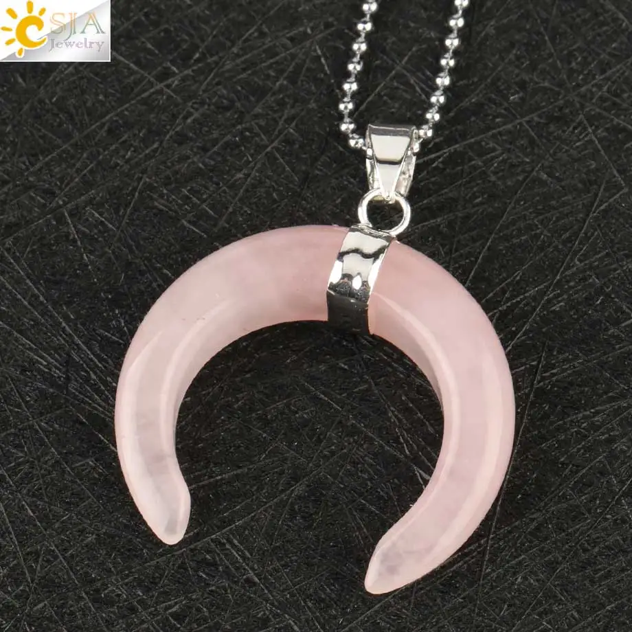 Rose Quartz Chain Csja натуральный хрустальный каменный кулон серебряного цвета ожерелья полумесяц двойная Подвески в виде рога для женщин и мужчин целебные ювелирные изделия G159 - Окраска металла: Rose Quartz Chain